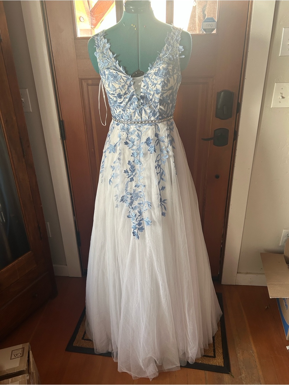 White Tulle Prom Dress with Blue Floral Embroidery